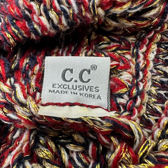 CC Trendy Warm Chunky Cable Knit Soft Stretch Beanie Metallic Hat Red Gold - Picture 4 of 6
